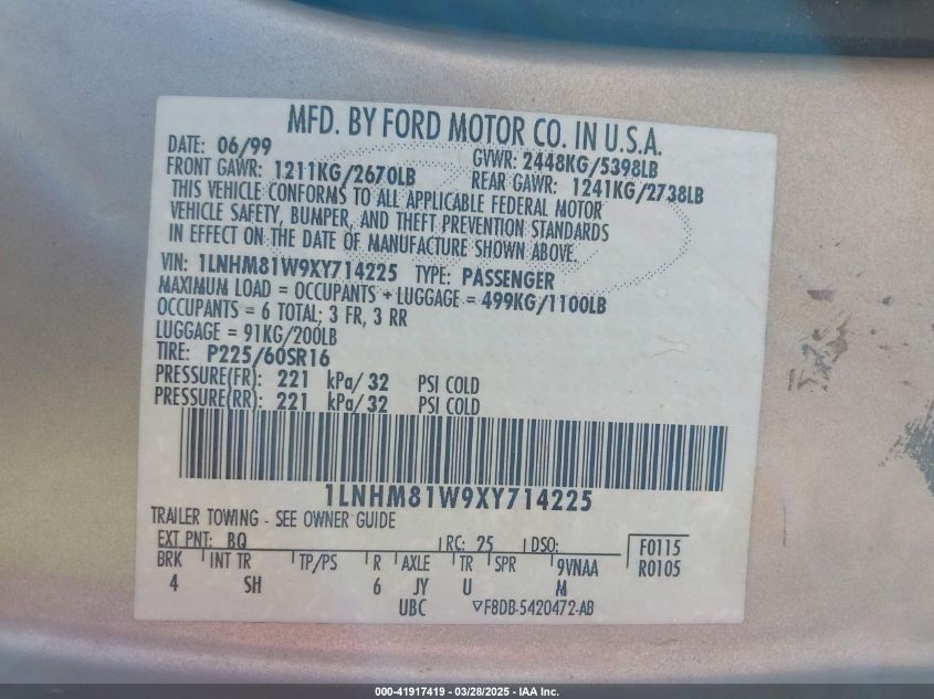 1999 Lincoln Town Car Executive VIN: 1LNHM81W9XY714225 Lot: 41917419