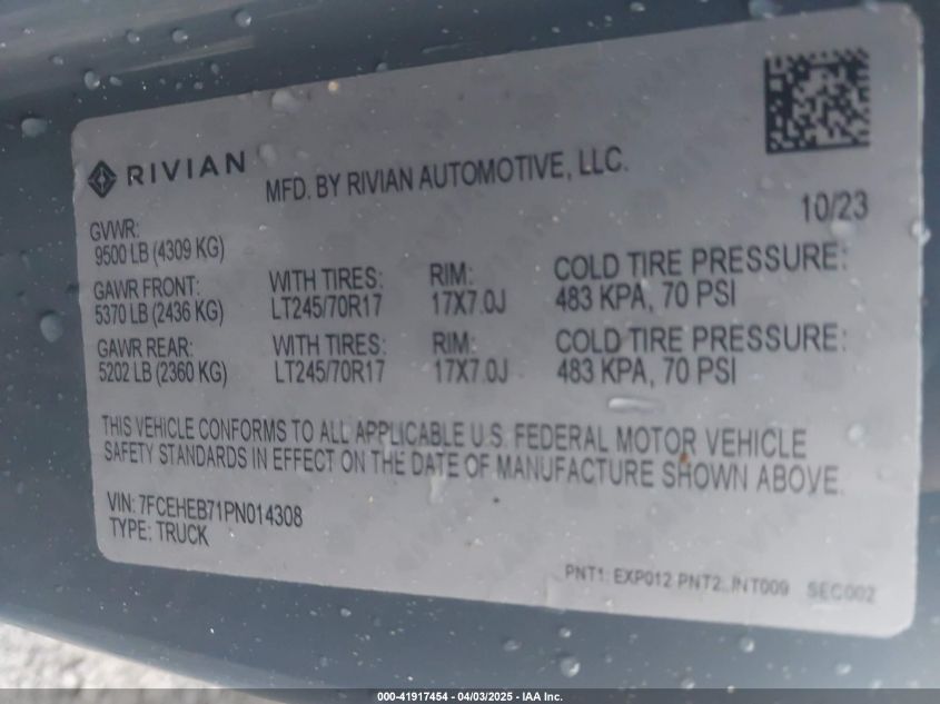 2023 Rivian Delivery 700 VIN: 7FCEHEB71PN014308 Lot: 41917454