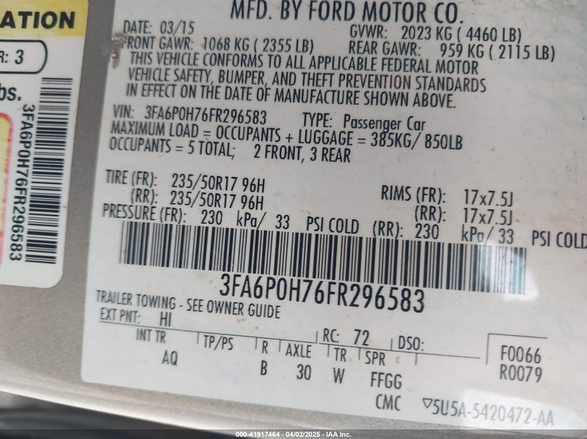 2015 FORD FUSION VIN: 3FA6P0H76FR296583