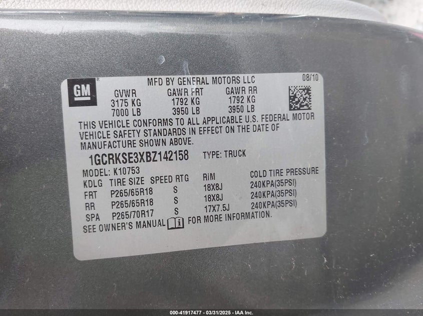 2011 CHEVROLET SILVERADO 1500 VIN: 1GCRKSE3XBZ142158