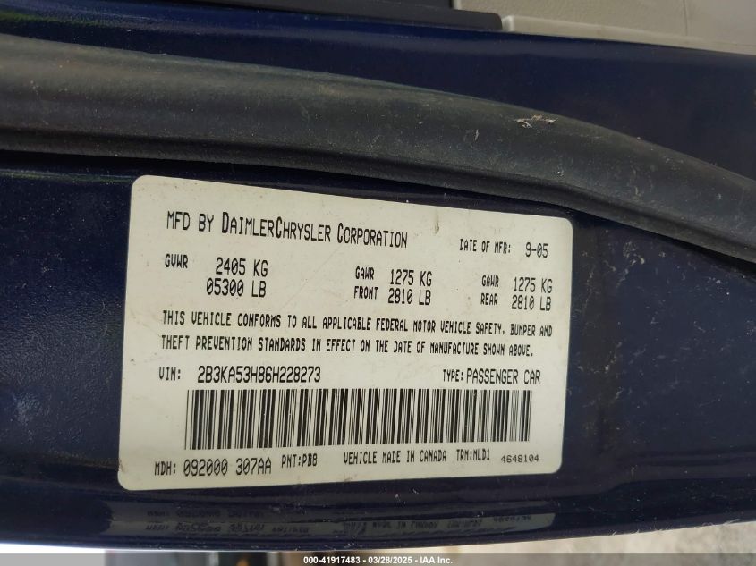 2006 Dodge Charger Rt VIN: 2B3KA53H86H228273 Lot: 41917483