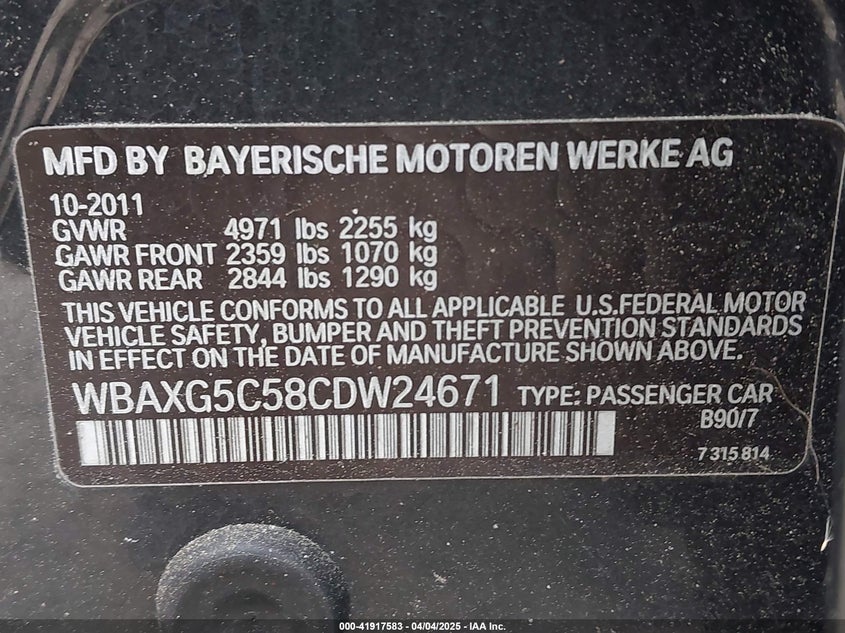 2012 BMW 528 VIN: WBAXG5C58CDW24671