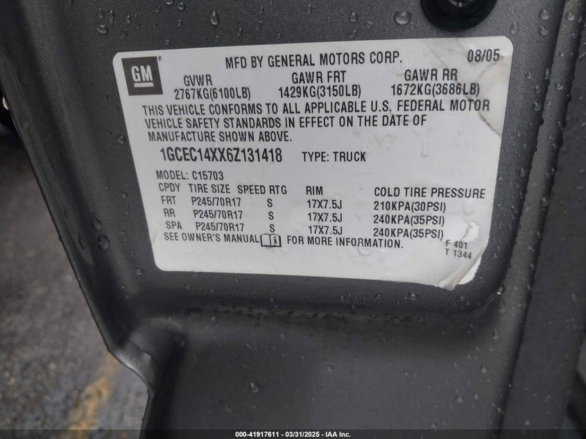 2006 CHEVROLET SILVERADO VIN: 1GCEC14XX6Z131418