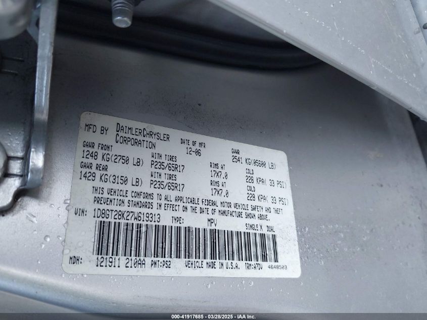 2007 Dodge Nitro Sxt VIN: 1D8GT28K27W619313 Lot: 41917685