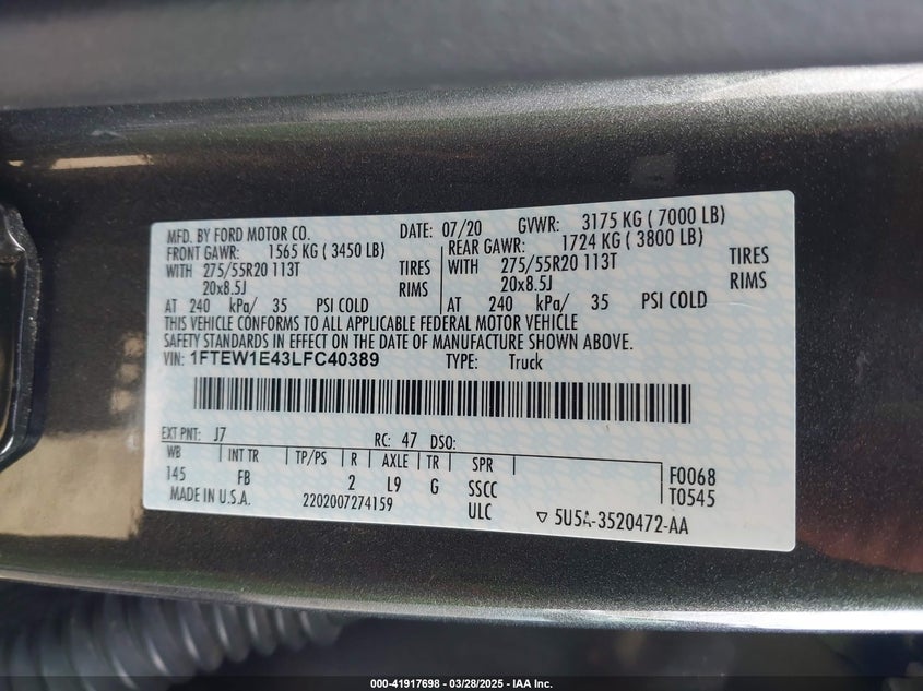 2020 FORD F-150 VIN: 1FTEW1E43LFC40389