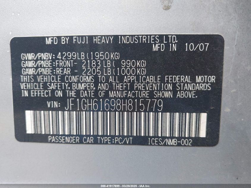 2008 Subaru Impreza 2.5I VIN: JF1GH61698H815779 Lot: 41917699