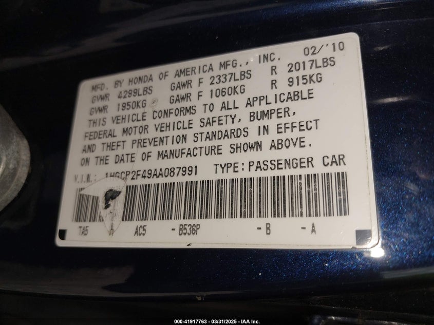 2010 HONDA ACCORD VIN: 1HGCP2F49AA087991