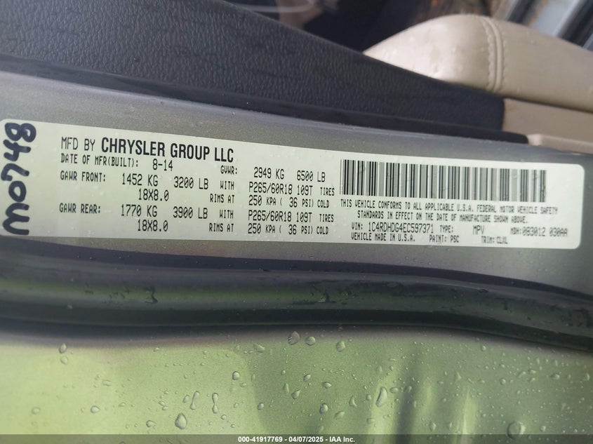 2014 DODGE DURANGO VIN: 1C4RDHDG4EC597371
