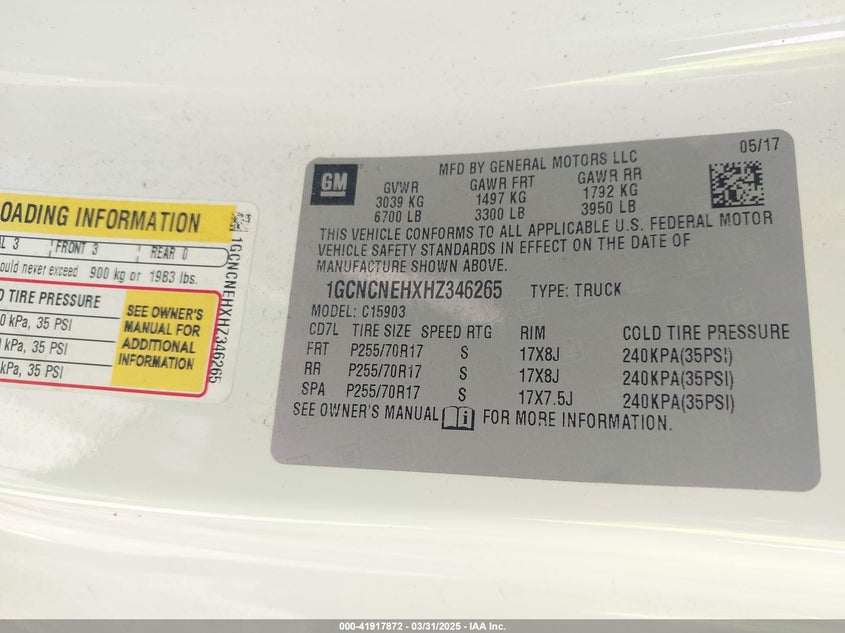 2017 CHEVROLET SILVERADO 1500 VIN: 1GCNCNEHXHZ346265