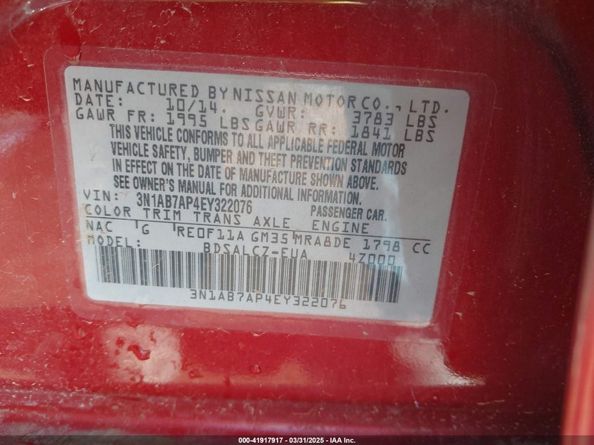 2014 NISSAN SENTRA VIN: 3N1AB7AP4EY322076