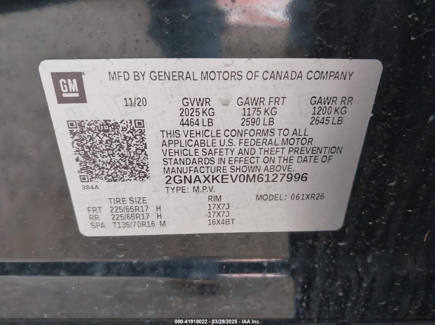 2021 Chevrolet Equinox Fwd Lt VIN: 2GNAXKEV0M6127996 Lot: 41918022