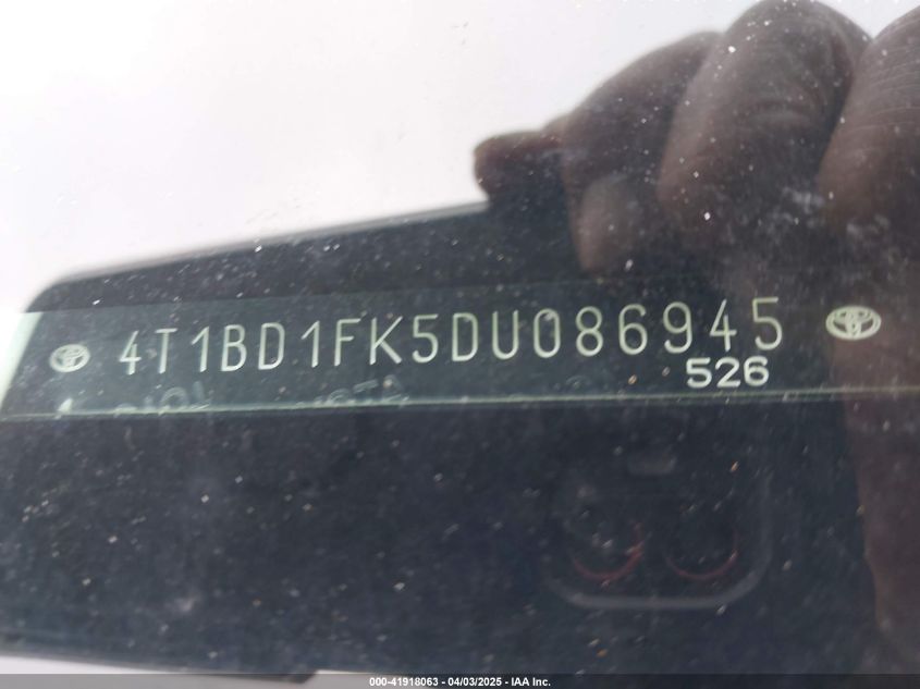 2013 Toyota Camry Hybrid Xle VIN: 4T1BD1FK5DU086945 Lot: 41918063