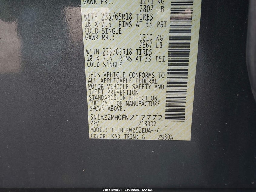 2015 NISSAN MURANO VIN: 5N1AZ2MH0FN217772