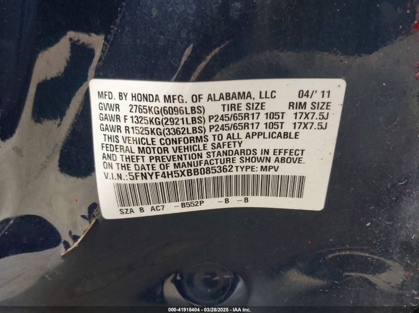 2011 Honda Pilot Ex-L VIN: 5FNYF4H5XBB085362 Lot: 41918404