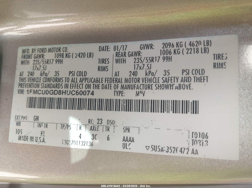 2017 Ford Escape Se VIN: 1FMCU0GD8HUC60074 Lot: 41918443