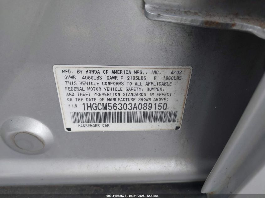 2003 Honda Accord 2.4 Lx VIN: 1HGCM56303A089150 Lot: 41918573