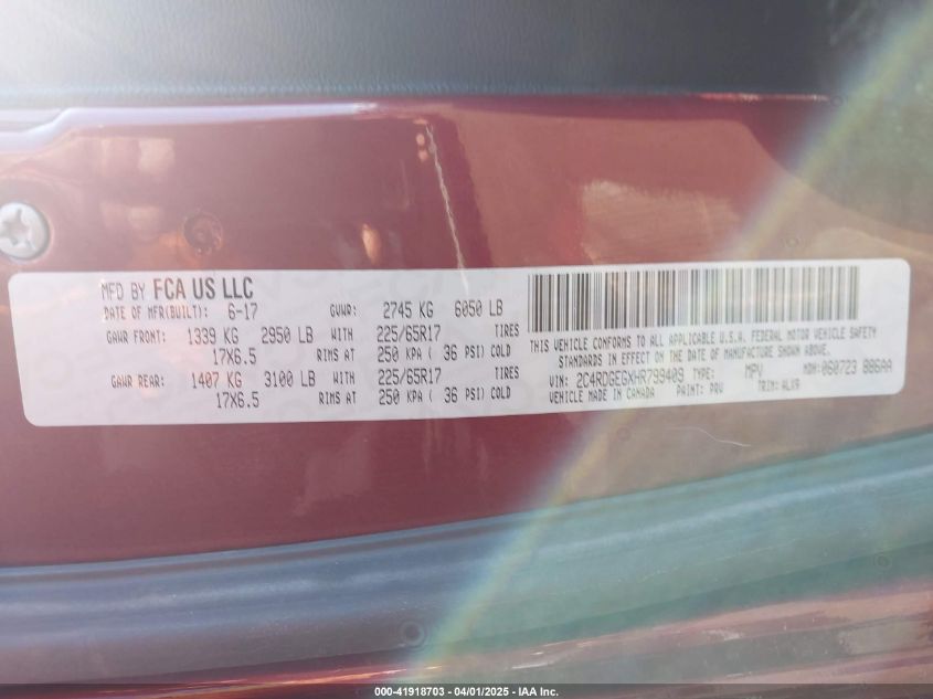 2017 Dodge Grand Caravan Gt VIN: 2C4RDGEGXHR799409 Lot: 41918703