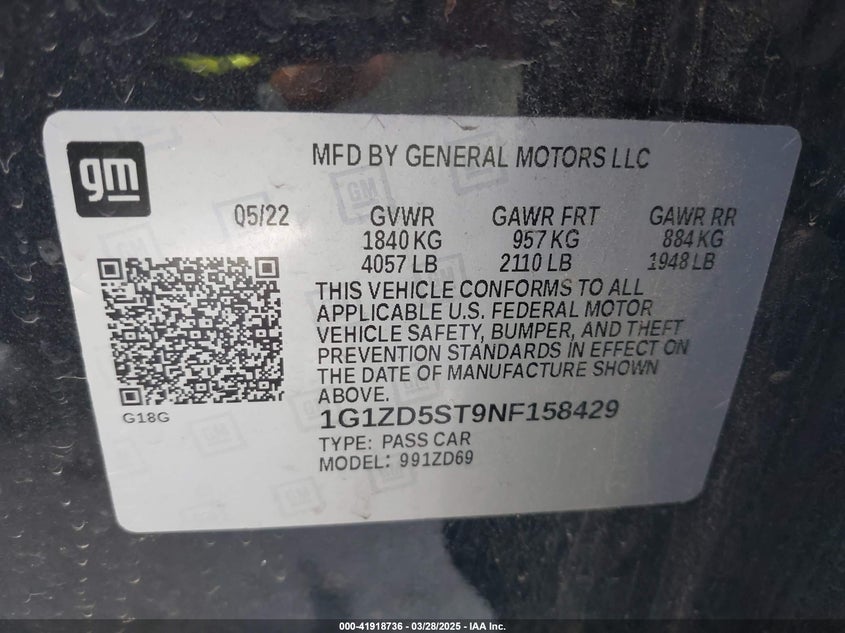 2022 CHEVROLET MALIBU VIN: 1G1ZD5ST9NF158429