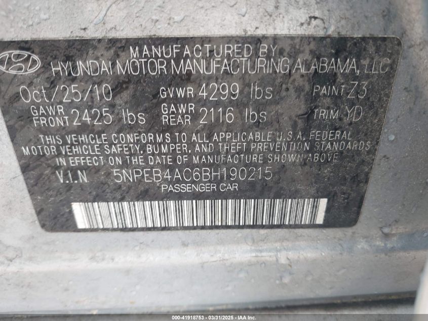2011 Hyundai Sonata Gls VIN: 5NPEB4AC6BH190215 Lot: 41918753