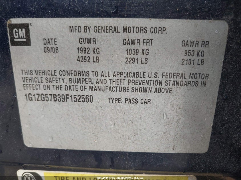 2009 CHEVROLET MALIBU VIN: 1G1ZG57B39F152560
