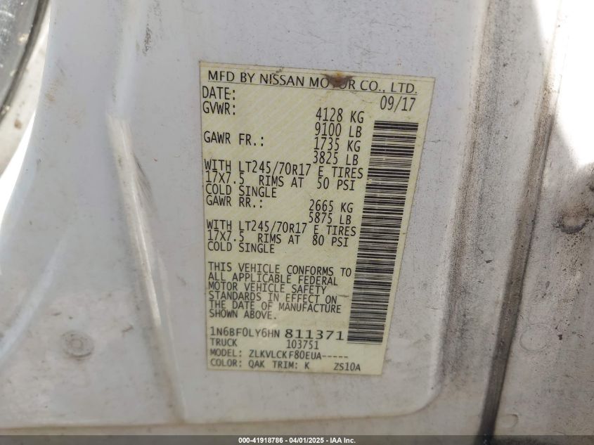 2017 Nissan Nv Cargo Nv2500 Hd S V6 VIN: 1N6BF0LY6HN811371 Lot: 41918786