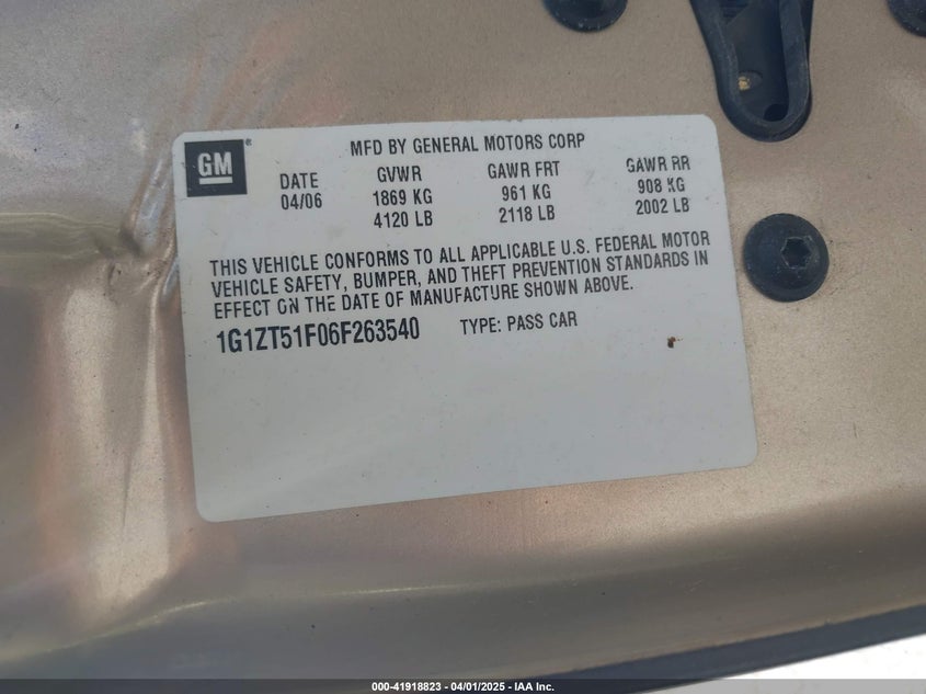 2006 CHEVROLET MALIBU VIN: 1G1ZT51F06F263540