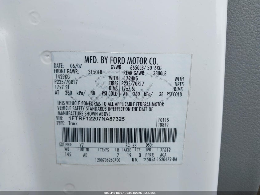 2007 FORD F-150 VIN: 1FTRF12207NA87325