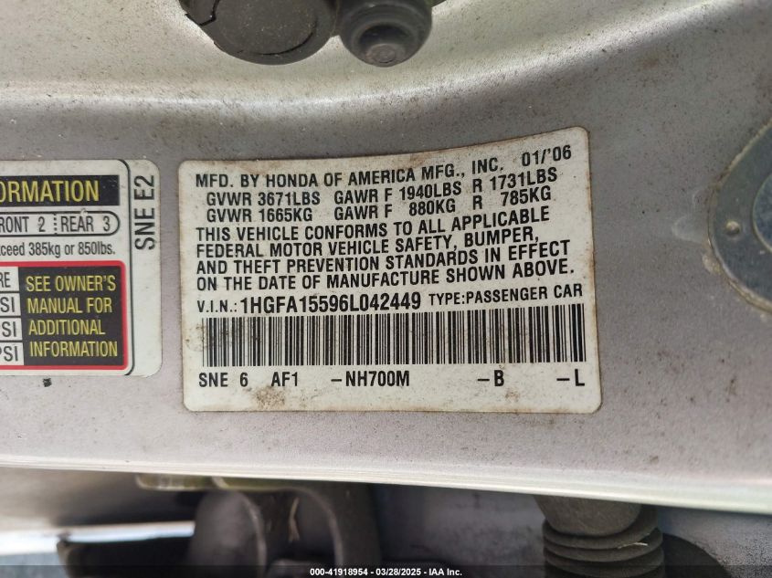 2006 Honda Civic Lx VIN: 1HGFA15596L042449 Lot: 41918954
