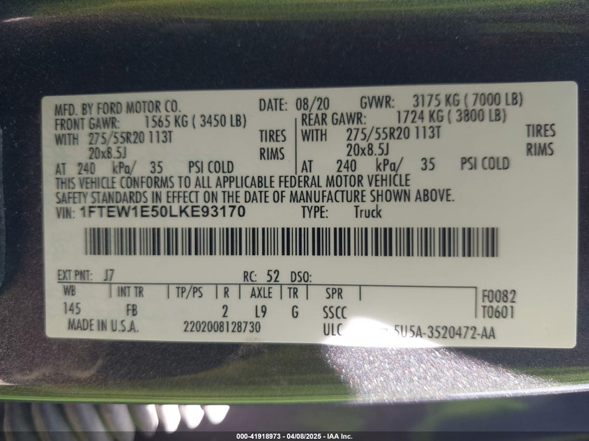 2020 FORD F-150 VIN: 1FTEW1E50LKE93170