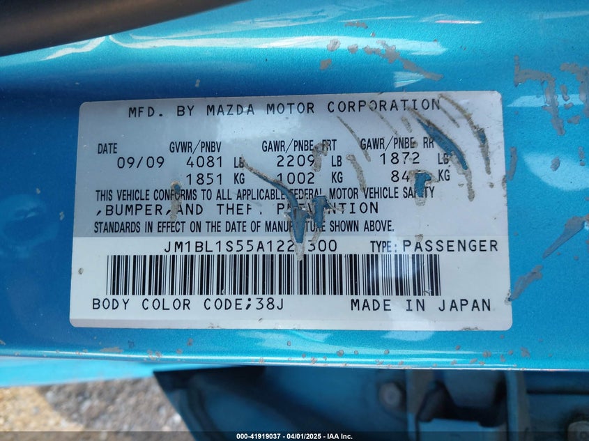 2010 MAZDA MAZDA3 VIN: JM1BL1S55A1221300