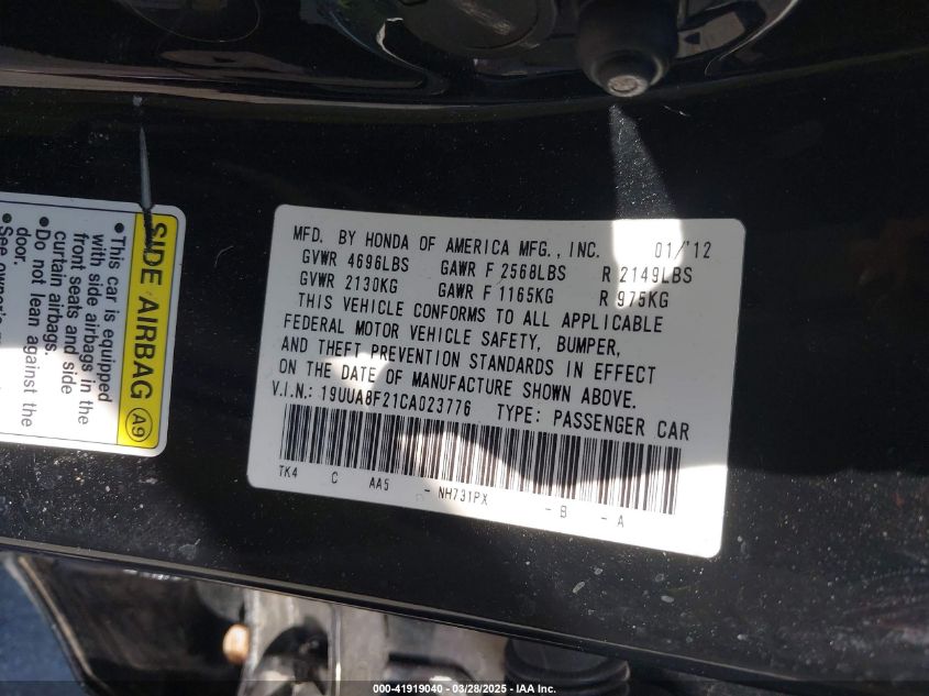 2012 Acura Tl 3.5 VIN: 19UUA8F21CA023776 Lot: 41919040