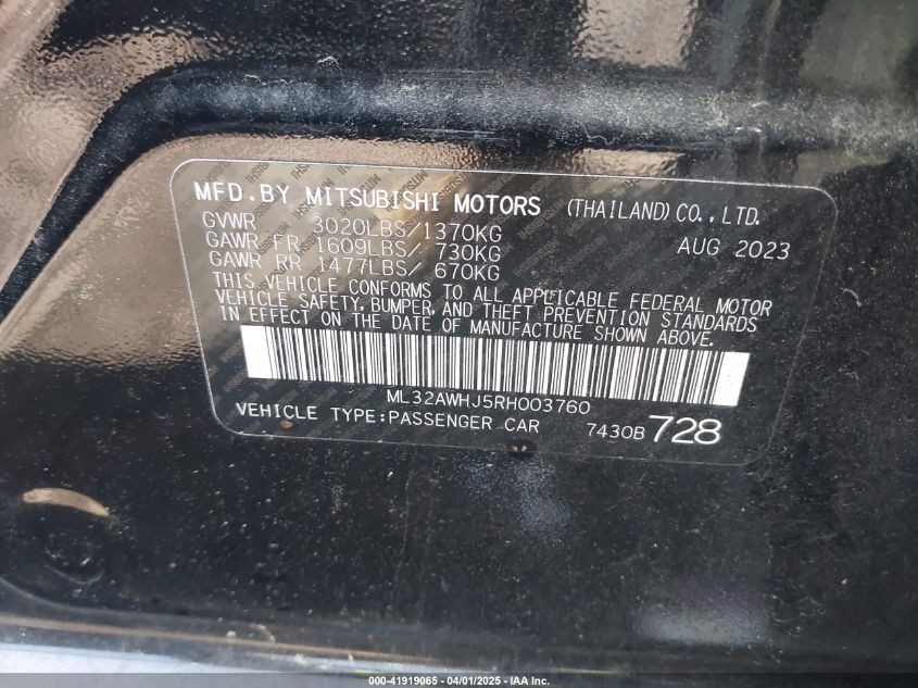 2024 Mitsubishi Mirage Black Edition VIN: ML32AWHJ5RH003760 Lot: 41919065