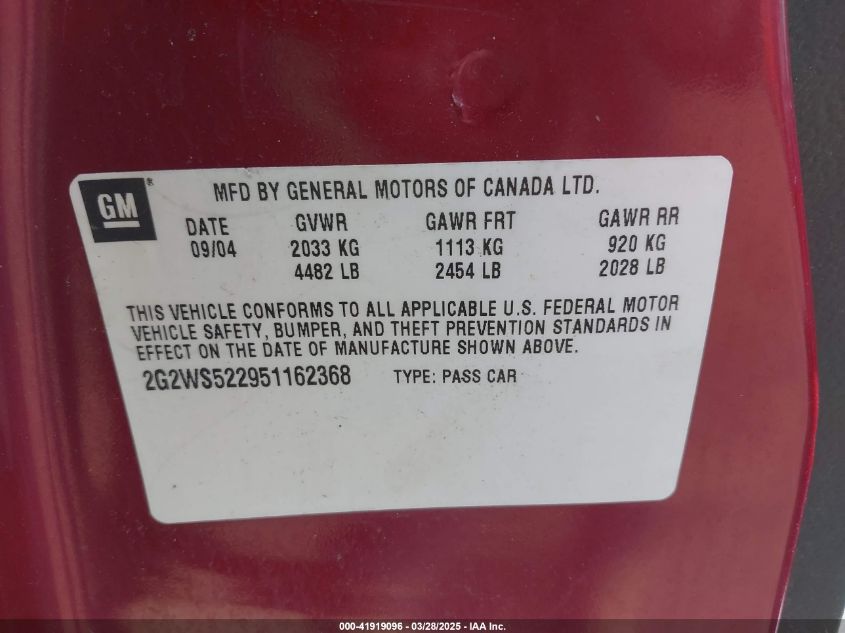 2005 Pontiac Grand Prix Gt VIN: 2G2WS522951162368 Lot: 41919096