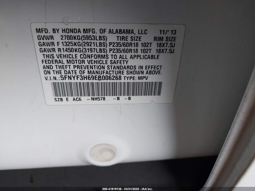 2014 HONDA PILOT EX-L - 5FNYF3H69EB006268