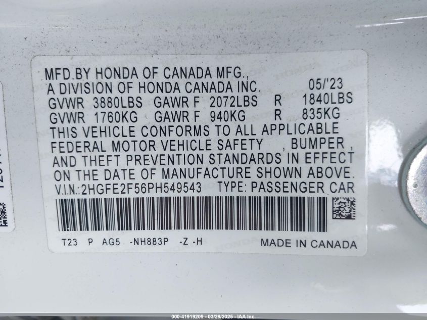 2023 Honda Civic Sport VIN: 2HGFE2F56PH549543 Lot: 41919209