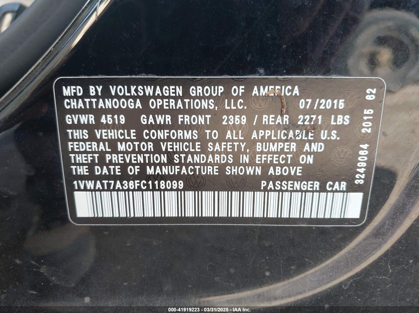 2015 VOLKSWAGEN PASSAT 1.8T LIMITED EDITION - 1VWAT7A36FC118099