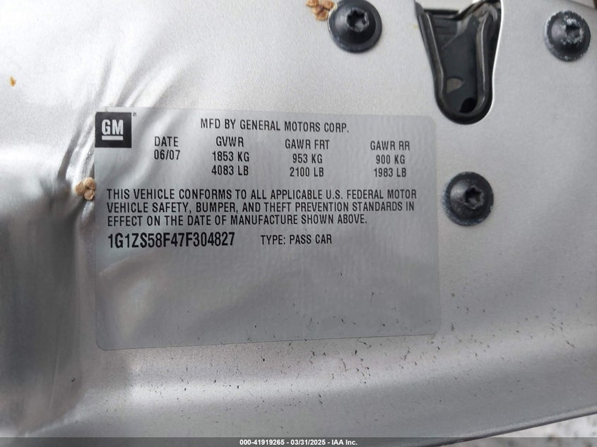 2007 CHEVROLET MALIBU VIN: 1G1ZS58F47F304827