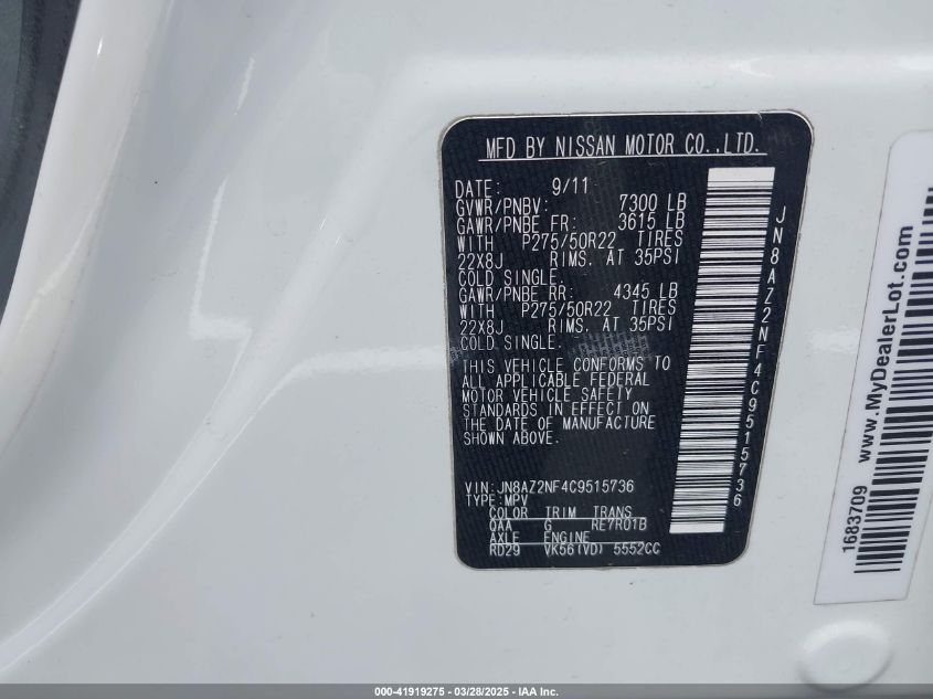 2012 Infiniti Qx56 VIN: JN8AZ2NF4C9515736 Lot: 41919275