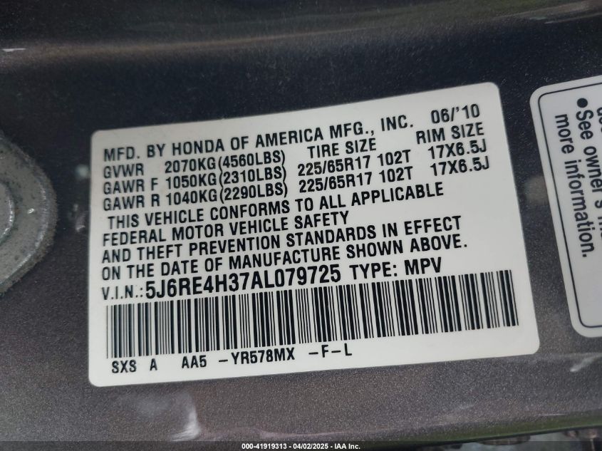 2010 Honda Cr-V Lx VIN: 5J6RE4H37AL079725 Lot: 41919313