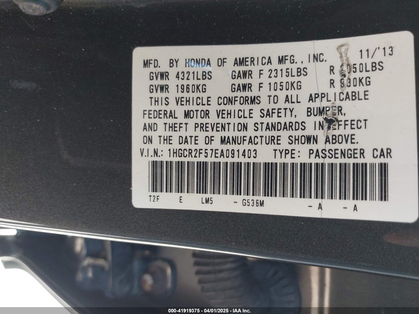 2014 HONDA ACCORD VIN: 1HGCR2F57EA091403