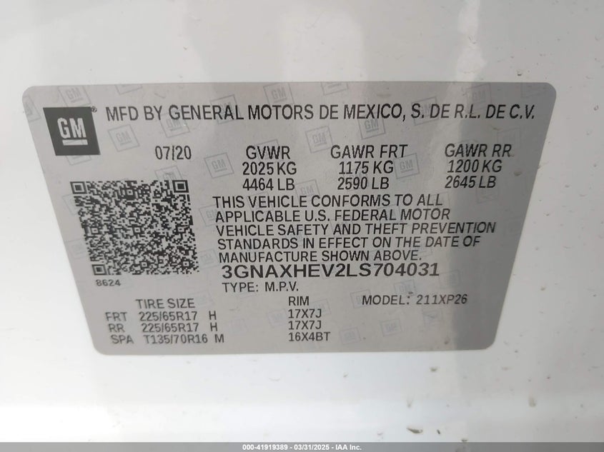 VIN 3GNAXHEV2LS704031 2020 CHEVROLET EQUINOX FWD LS