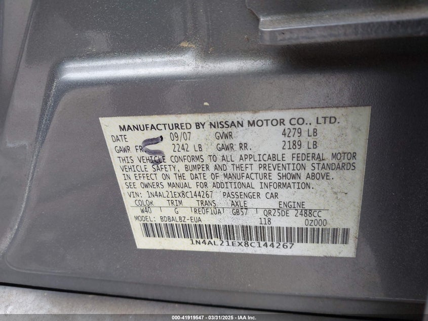 2008 NISSAN ALTIMA VIN: 1N4AL21EX8C144267