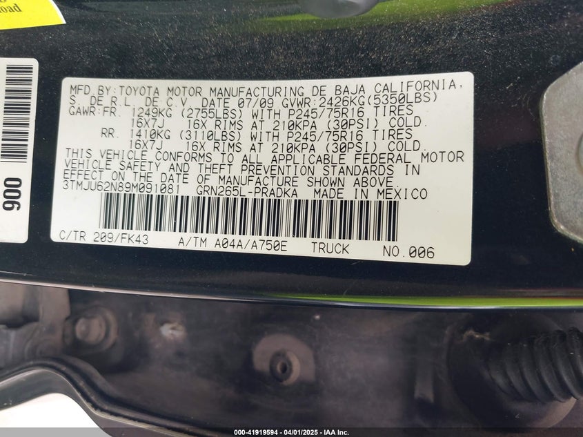 2009 TOYOTA TACOMA VIN: 3TMJU62N89M091081