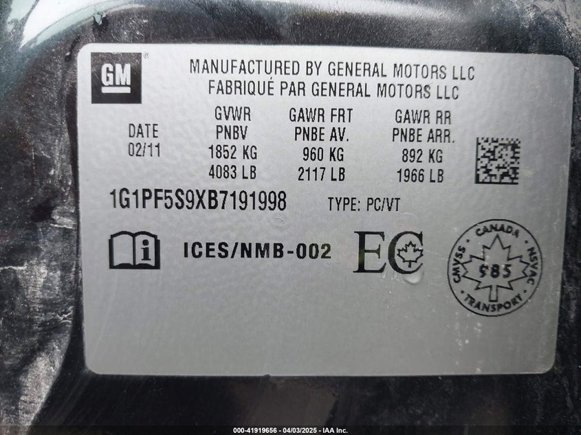 2011 CHEVROLET CRUZE VIN: 1G1PF5S9XB7191998