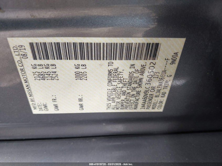 2020 NISSAN MAXIMA SL XTRONIC CVT - 1N4AA6DV9LC360502