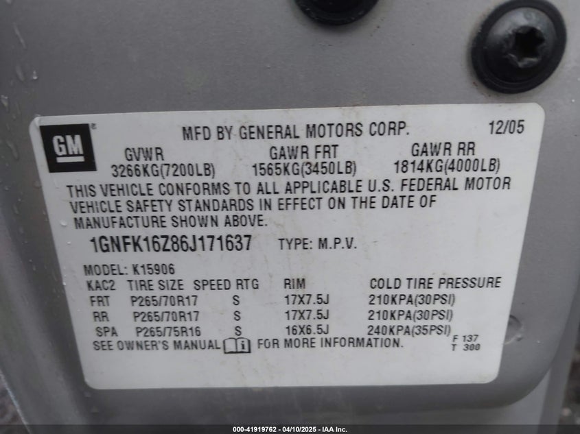 2006 CHEVROLET SUBURBAN VIN: 1GNFK16Z86J171637
