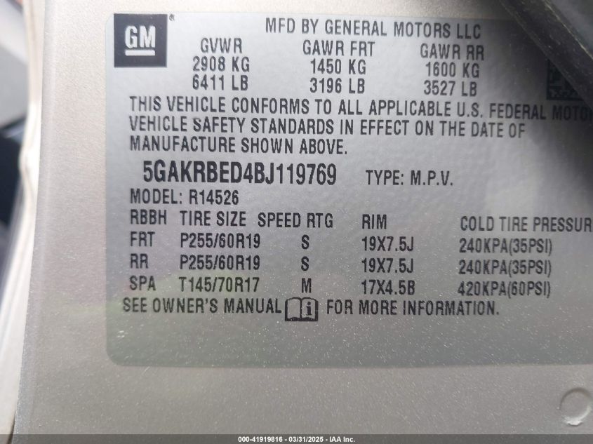 2011 Buick Enclave 1Xl VIN: 5GAKRBED4BJ119769 Lot: 41919816