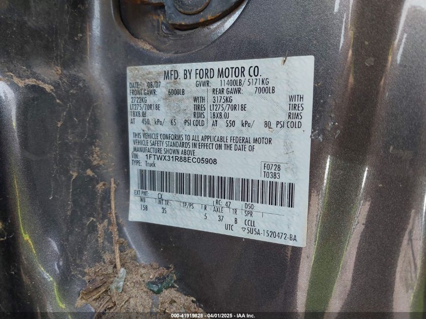 2008 Ford F-350 Fx4/Lariat/Xl/Xlt VIN: 1FTWX31R88EC05908 Lot: 41919828