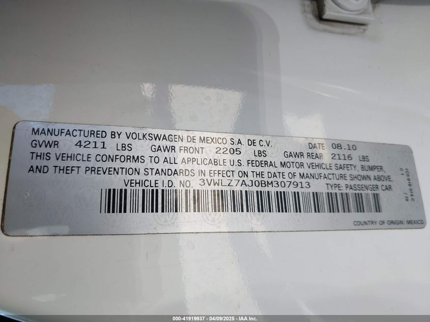 2011 VOLKSWAGEN JETTA VIN: 3VWLZ7AJ0BM307913