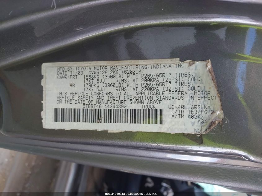 2004 Toyota Tundra Ltd V8 VIN: 5TBBT48144S443901 Lot: 41919943